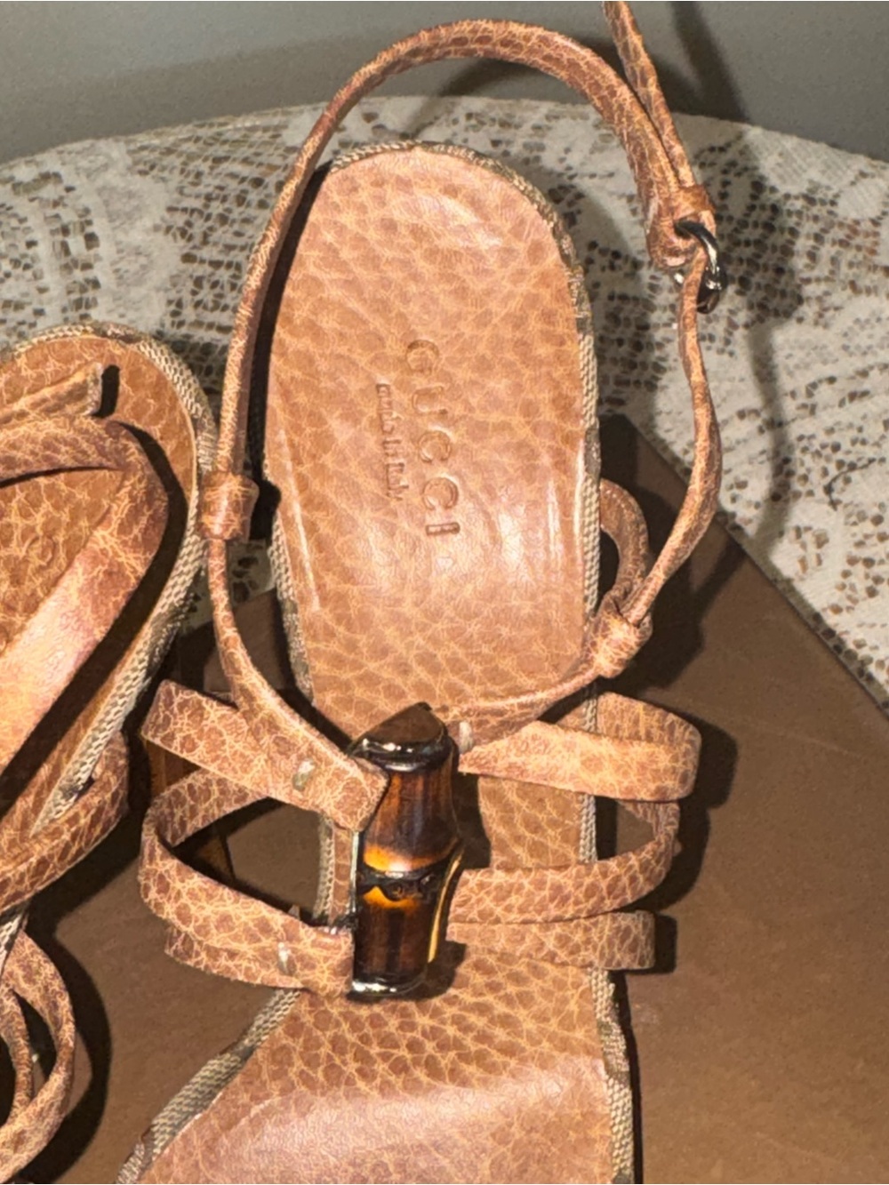 Gucci Brown Leather & GG Canvas Wedge Sandals with Bamboo Accent - Picture 3 of 11